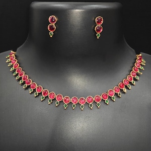 Red & Green Faux Ruby Emerald Antique Gold Necklace, Indian Necklace, Indian Jewelry, Temple Jewelry, Gift For Her, Wedding Necklace