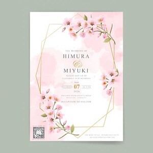 Faire-part de mariage fleurs de cerisier, invitation de mariage floral Sakura, carte imprimable fleur rose, modèle de mariage élégant, suite de mariage de printemps