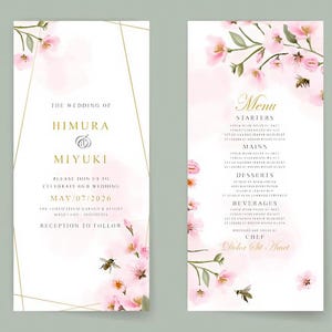 Convite de casamento com flor de cerejeira, modelo de convite floral para impressão, cartão de casamento com tema de cerejeira na primavera, convite elegante com flor rosa