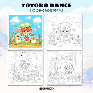 Totoro Dance Coloring Pages – 3 Fun Printable Sheets + Colored Sample + Drawing Timelapse – Cute Umbrella Dance for Kids & Adults