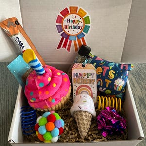 May include: A gift box filled with pet toys and treats. Includes a pink cupcake toy, an ice cream cone toy, a ball of colorful pom-poms, a blue spring toy, and a tag that says "Happy Birthday". A sticker that says "Happy Birthday" is also included.