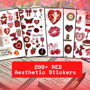 200+ RED Aesthetic Stickers – Cute Printable Digital Pack for Journals, Planners & Scrapbooking