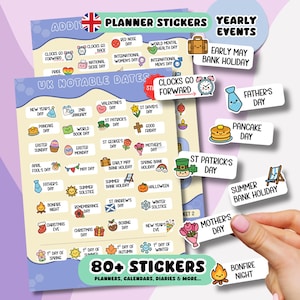 Pegatinas para agenda del Reino Unido con más de 80 recordatorios para días festivos y eventos nacionales (2 hojas)