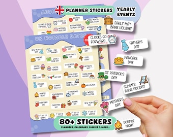 May include: A collection of planner stickers featuring UK notable dates and yearly events. The sheets contain over 80 small, rectangular adhesive labels with colorful cartoon illustrations and text for holidays like Pancake Day, Father's Day, and St. Patrick's Day.
