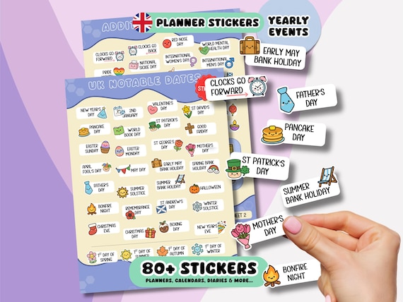 UK Planner Stickers with 80+ Cute Reminder Stickers for UK Bank Holidays & National Events for Planner Calendar Diary Journal - 2 Sheets
