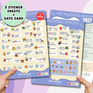 May include: Two sticker sheets and a date card featuring colorful illustrations for UK planner dates in 2027. The sheets include labels for holidays like Valentine's Day, St. Patrick's Day, and Christmas, alongside small icons for events and seasonal changes.