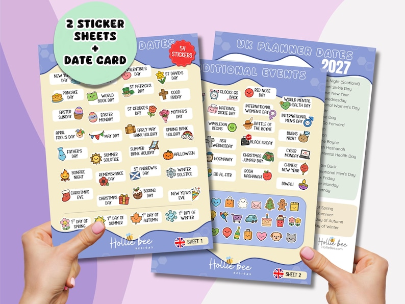 May include: Two sticker sheets and a date card featuring colorful illustrations for UK planner dates in 2027. The sheets include labels for holidays like Valentine's Day, St. Patrick's Day, and Christmas, alongside small icons for events and seasonal changes.