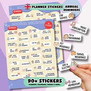Planner Stickers with 90+ Cute Annual Renewal Reminder Stickers for Home Car Health Finance for Planner Calendar Diary Journal - 2 Sheets