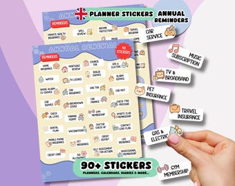 Planner Stickers with 90+ Cute Annual Renewal Reminder Stickers for Home Car Health Finance for Planner Calendar Diary Journal - 2 Sheets