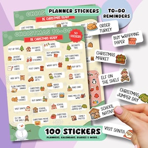 Christmas Planner Stickers with 100 Cute Xmas To Do Reminder Stickers for Christmas Organising Planner Calendar Diary Journal - 2 Sheets