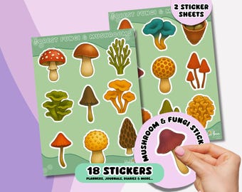 Forest Fungi & Mushroom Sticker Sheets, Foraging, Woodland Nature Stickers for Journals, Planners, Scrapbooking, Crafts, Stationery Gifts