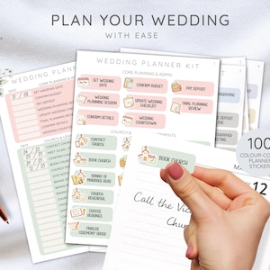 May include: A wedding planner kit with pink and green pages, stickers, and a pen. The kit includes checklists, planning pages, and stickers with phrases like "Book Church" and "Confirm Details". The text "Plan Your Wedding With Ease" is at the top.