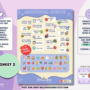 May include: A sticker sheet titled Additional Events featuring various holiday and calendar event labels with cartoon icons. The sheet includes 30 bonus stickers with diverse symbols like hearts, food, and animals. A ruler shows a sticker size of 1 inch.
