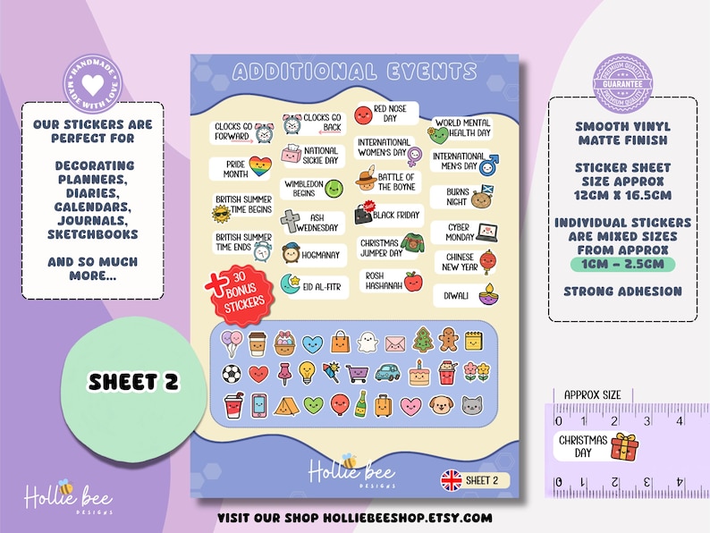 May include: A sticker sheet titled Additional Events featuring various holiday and calendar event labels with cartoon icons. The sheet includes 30 bonus stickers with diverse symbols like hearts, food, and animals. A ruler shows a sticker size of 1 inch.