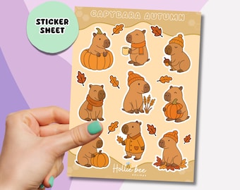 Autumn Capybara Sticker Sheet — Fall Leaves Animal Decals, Kawaii Planner & Scrapbook Stickers, Cute Seasonal Gift