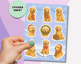 Może przedstawiać: Arkusz naklejek z ilustracjami Golden Retrieverów w różnych świątecznych strojach. Psy przedstawione są w czapkach Świętego Mikołaja, szalikach i świątecznych dekoracjach. Arkusz ma jasnoniebieskie tło z płatkami śniegu i napisem "Golden Retriever".