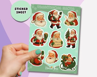 Traditional Santa Sticker Sheet, Retro Vintage Christmas Stickers, Cute Santa Claus Stickers for Xmas Planners, Journals, Gifts, Scrapbooks