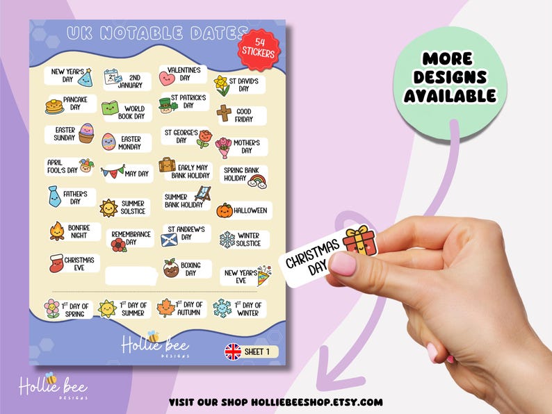 May include: A sticker sheet titled UK Notable Dates featuring 54 colorful illustrations representing various holidays and seasonal events. The sheet includes labels like New Year's Day, Valentine's Day, and Christmas Day, with a separate sticker being held.
