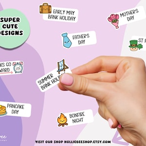 May include: A collection of rectangular stickers featuring cartoon illustrations and text including Early May Bank Holiday, Mother's Day, Father's Day, St Patrick's Day, Clocks Go Forward, Summer Bank Holiday, Pancake Day, and Bonfire Night on a light purple background.