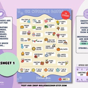 May include: A sticker sheet titled UK NOTABLE DATES featuring 54 individual stickers with illustrations for holidays and seasonal events. The sheet measures 12cm x 16.5cm, with stickers ranging from 1cm to 2.5cm, as shown by a visible ruler.