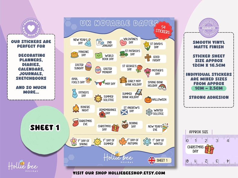May include: A sticker sheet titled UK NOTABLE DATES featuring 54 individual stickers with illustrations for holidays and seasonal events. The sheet measures 12cm x 16.5cm, with stickers ranging from 1cm to 2.5cm, as shown by a visible ruler.