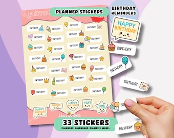 Birthday Reminder Stickers for Family & Friends, Kawaii Planner Stickers, Birthday Labels for Kids School Diary Journal, Calendar Stickers