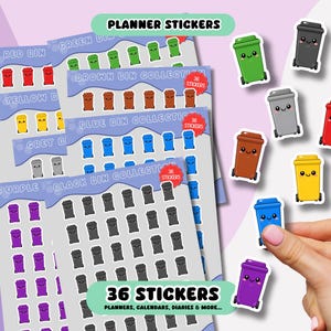May include: A collection of planner stickers with cute cartoon bin designs in various colours. The stickers include green, black, red, yellow, blue, brown, grey, and purple bins. Each sheet contains 36 stickers, ideal for planners, calendars, and diaries.