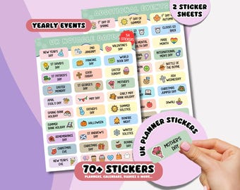 May include: Two sheets of rectangular planner stickers featuring UK notable dates and yearly events. Each sticker contains text and a small colorful icon representing holidays like New Year's Day, St. Patrick's Day, and Mother's Day in pastel colors.