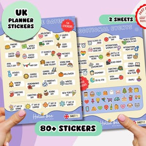 May include: Two sheets of planner stickers featuring various holiday and event labels with colorful illustrations. The stickers include text for dates like Valentine's Day, St. Patrick's Day, and Christmas, alongside small icons for each occasion on a light background.