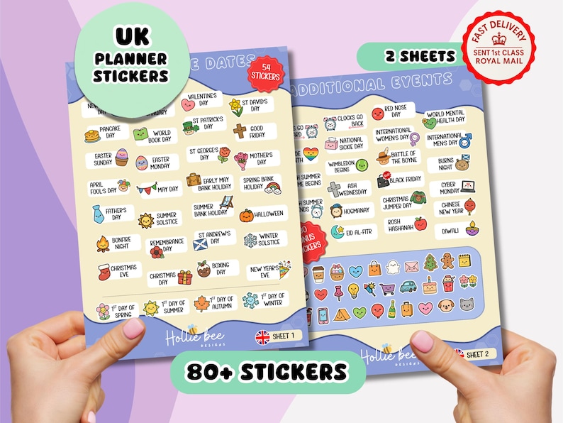 May include: Two sheets of planner stickers featuring various holiday and event labels with colorful illustrations. The stickers include text for dates like Valentine's Day, St. Patrick's Day, and Christmas, alongside small icons for each occasion on a light background.