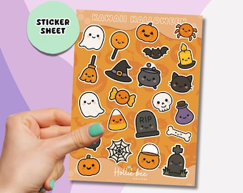 Adesivi kawaii di Halloween, foglio di adesivi carini e spettrali con fantasma, zucca, gatto, pipistrello, strega, adesivi per diario per decorazioni per feste, album di ritagli