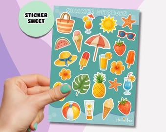 Summer Sticker Sheet with Sun, Ice Cream, Drinks & Tropical Cosy Seasonal Sticker Icons for Summer Planners, Journals, Scrapbooking Stickers