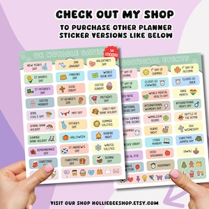 May include: Two sheets of rectangular planner stickers featuring pastel-colored labels with text and icons for UK notable dates and additional events. The text includes phrases like New Year's Day, Valentine's Day, and Christmas Day, with 54 stickers total.