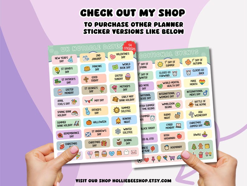 May include: Two sheets of rectangular planner stickers featuring pastel-colored labels with text and icons for UK notable dates and additional events. The text includes phrases like New Year's Day, Valentine's Day, and Christmas Day, with 54 stickers total.