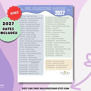 May include: A digital planner sheet titled UK PLANNER DATES 2027 with a list of holidays and observances organized in columns. The design features a light blue and green color scheme with a red bonus badge and a green circle stating 2027 DATES INCLUDED.