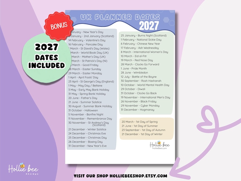 May include: A digital planner sheet titled UK PLANNER DATES 2027 with a list of holidays and observances organized in columns. The design features a light blue and green color scheme with a red bonus badge and a green circle stating 2027 DATES INCLUDED.