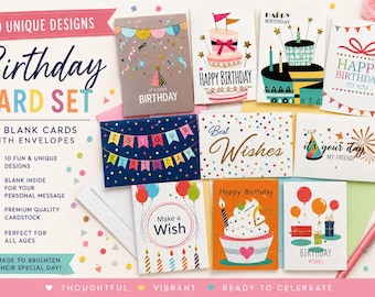 10 Pack Birthday Cards with Foil & Glitter Accents – Assorted Designs, Blank Inside