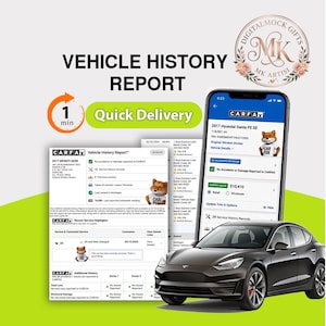 May include: Image of a vehicle history report with the text "Vehicle History Report" and "Quick Delivery." The report is displayed on a smartphone and a printed document, with a car graphic in the foreground.