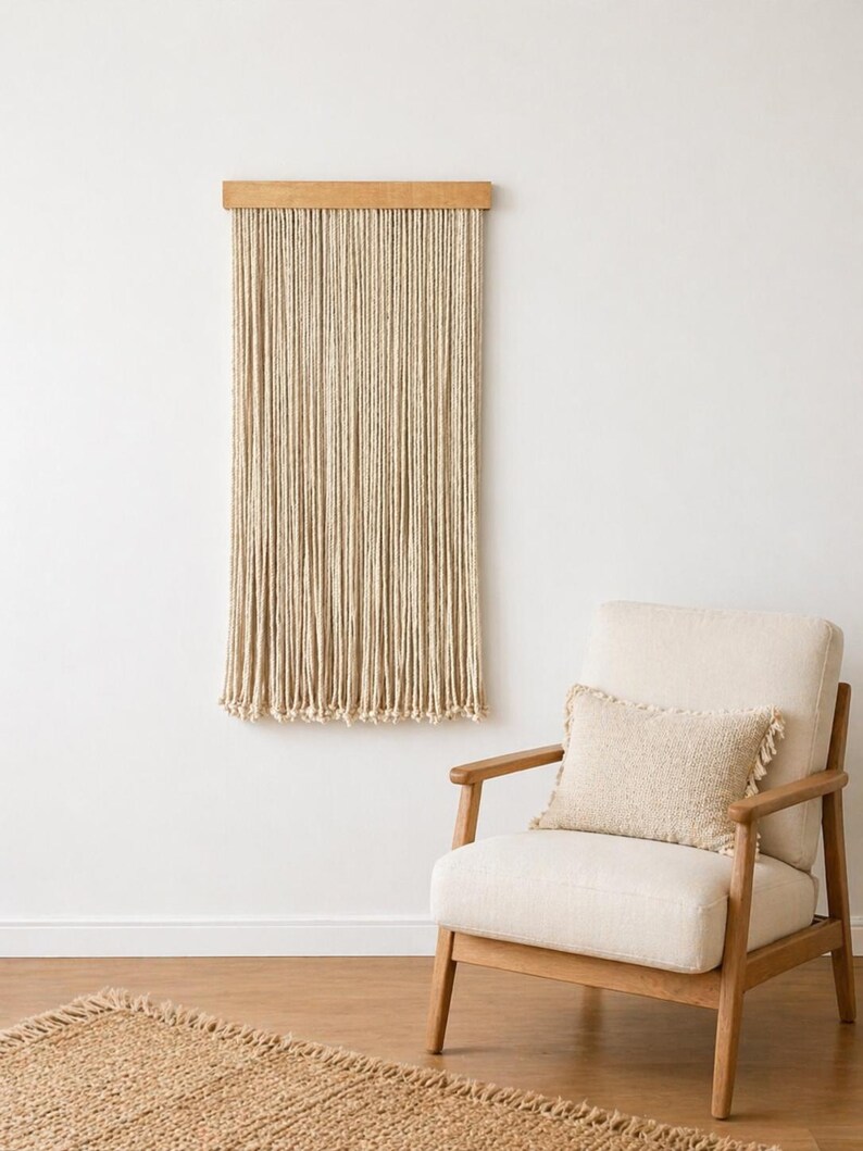 May include: A beige macrame wall hanging with a wooden top, hanging against a white wall. A cream-colored armchair with a matching pillow and a jute rug are in the foreground, creating a cozy, neutral-toned interior design.