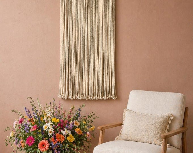 Large Macrame Wall Hanging: Boho Fiber Art on Poplar Wood