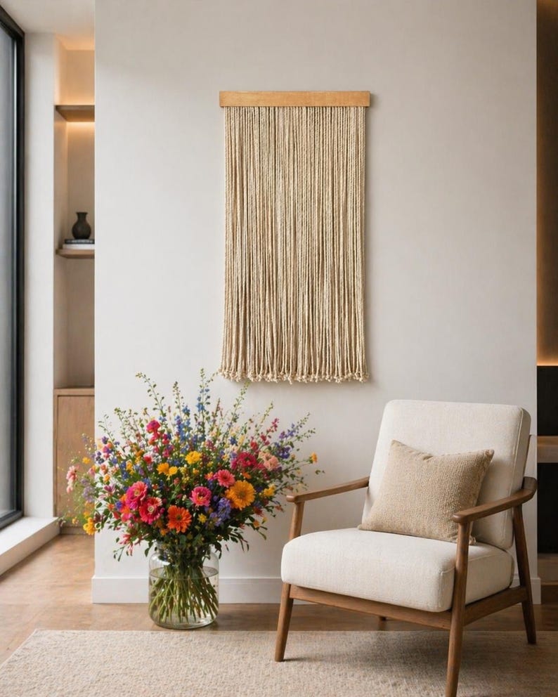 May include: A beige macrame wall hanging with a wooden top is displayed on a white wall. A cream-colored armchair with wooden arms and a beige cushion sits next to a large glass vase filled with colorful flowers.