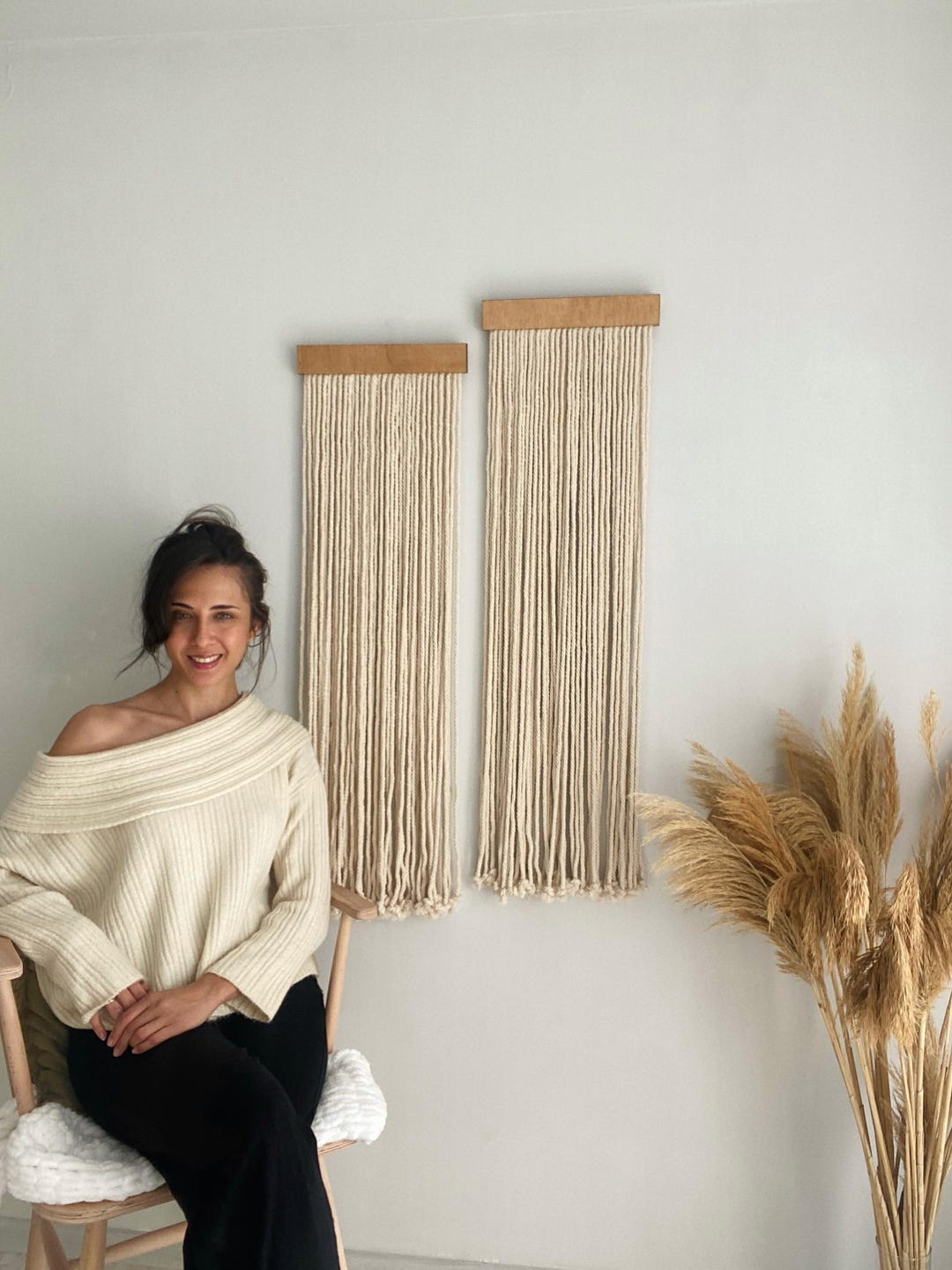 Minimalist Macrame Wall Hanging Set: Cream Cotton Boho Fiber Art - Etsy - Minimalist Apartment Decor With Textured Macrame Wall Hanging