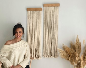 Minimalist Macrame Wall Hanging Set: Cream Cotton Boho Fiber Art