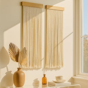 Handgefertigtes Boho Makramee Wandbehang-Set, Minimalistisches Cremefarbenes Baumwollfaser-Kunstdekor, Double Panel Moderner Wandteppich für Wohnzimmer