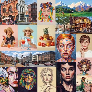 Puede incluir: Un collage de imágenes coloridas. La fila superior presenta una escena de la ciudad europea, un retrato de una mujer con cabello arcoíris y una pintura de paisaje de montañas. La fila del medio muestra mujeres con cócteles y un cuenco de frutas. La fila inferior incluye más retratos y paisajes urbanos.