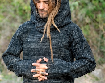 Nomad Pullover With Hoodie Handwoven Hemp Wool - Etsy