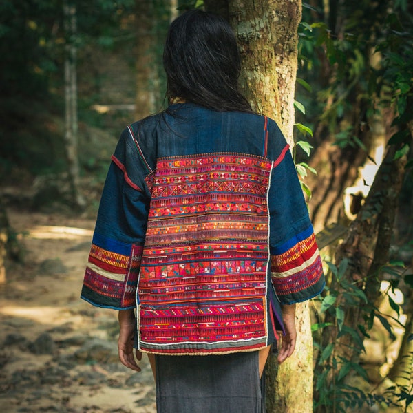 Akha Hill Tribe jacket . original tribal jacket. handwoven hemp. Indigo dyed. cross stitched embroidery.