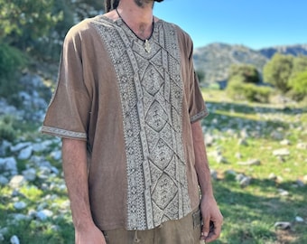 Tribal short sleeves shirt >> hemp cotton natural dye