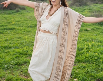 Natural Cotton Kimono - Block Printed, Boho Festival Beach Travel Layer