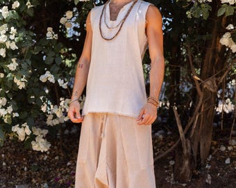 Natural Cotton Harem Pants, Unisex Drop Crotch, Lightweight Boho Yoga & Festival Drawstring Pants
